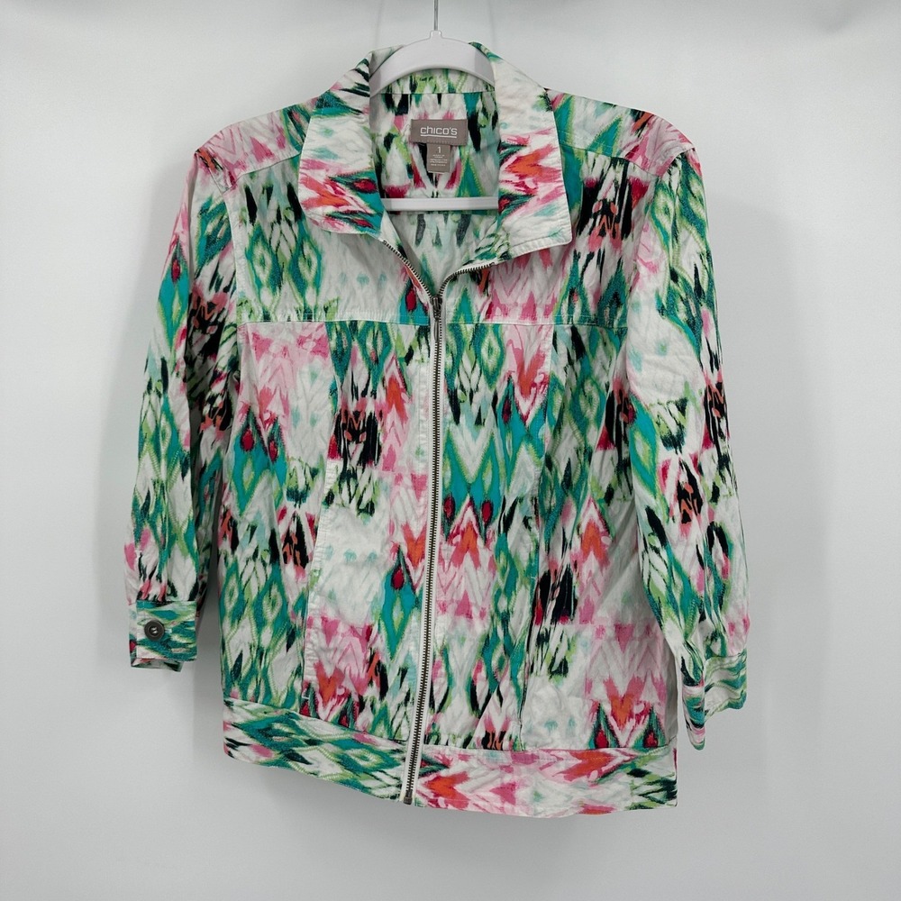 Chicos Womens Art To Wear Jacket Size M Colorful Bold Eclectic Resort Coastal